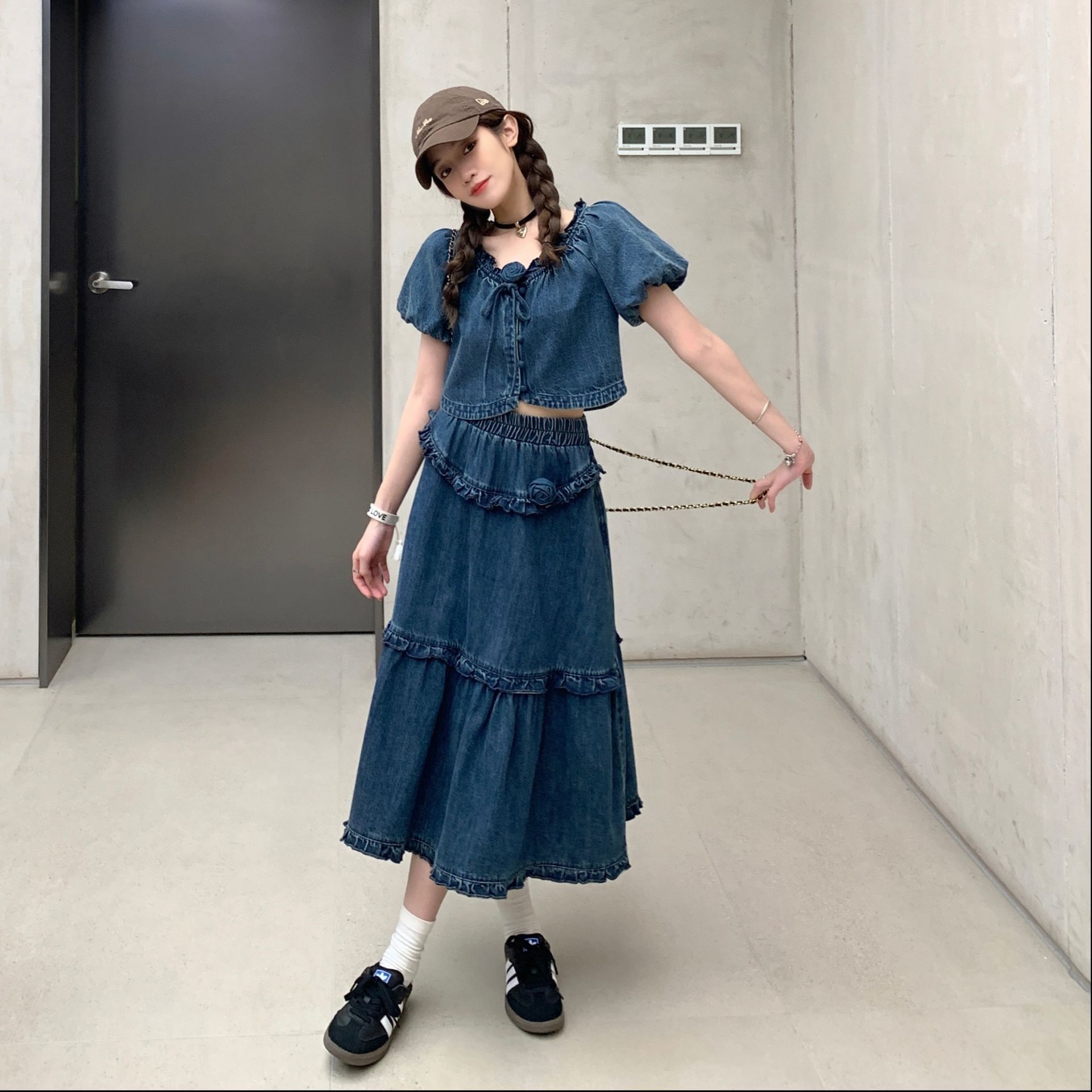 デニムセットアップ ローズフリル デニムセットアップ