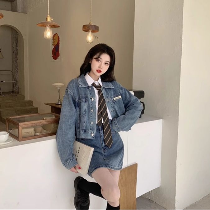 デニムセットアップ レトロ制服風デニムミニセット