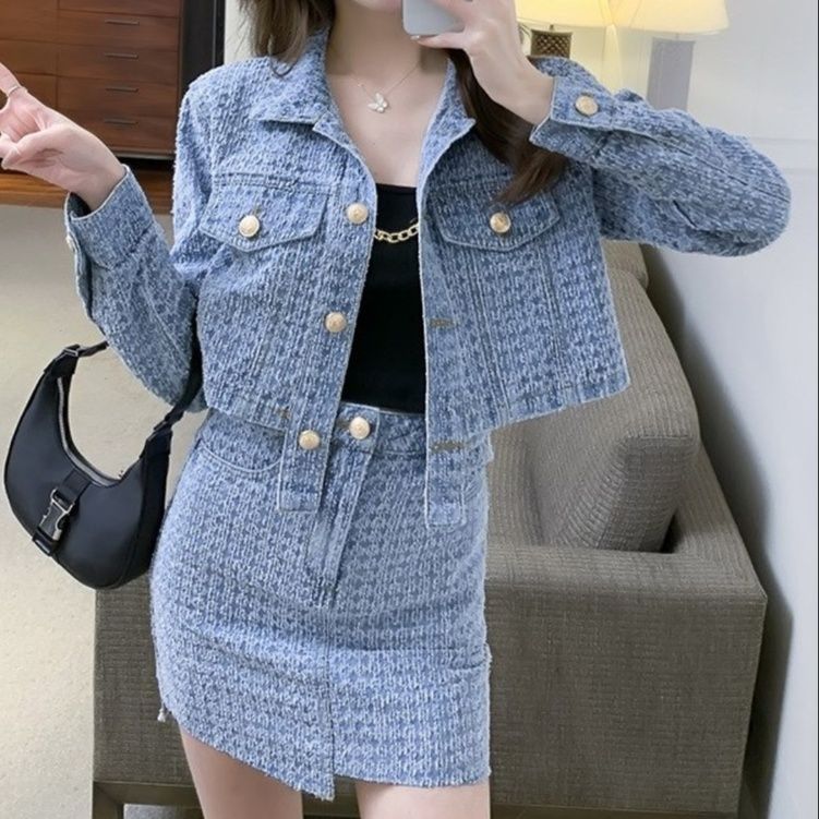 デニムセットアップ クロップド丈デニムジャケット×ミニスカート