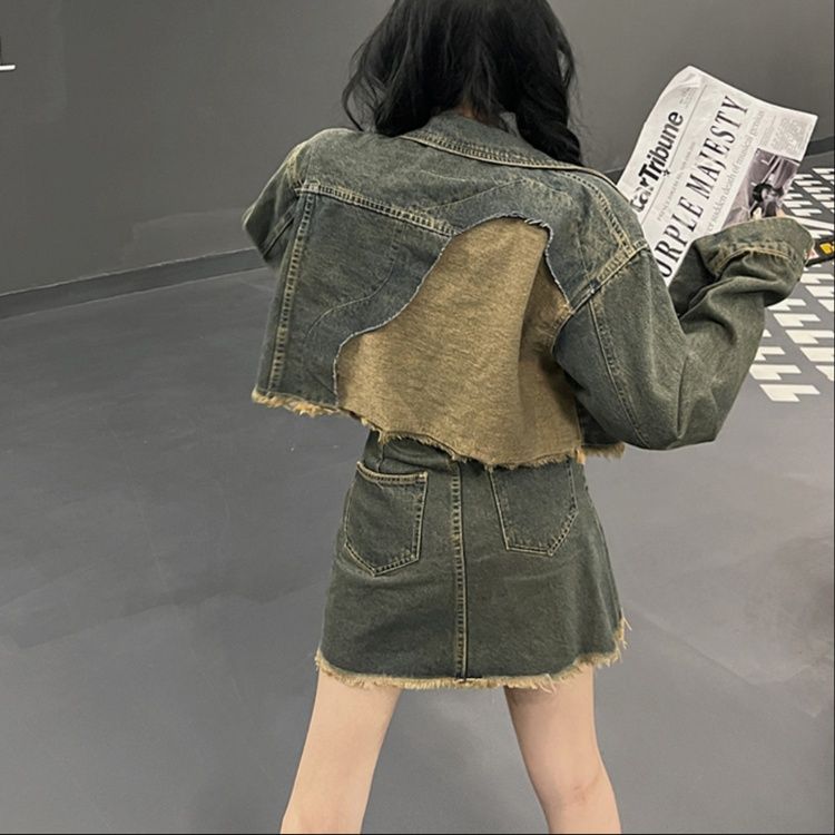 デニムセットアップ 裾フリンジ ジャケット×ミニスカート