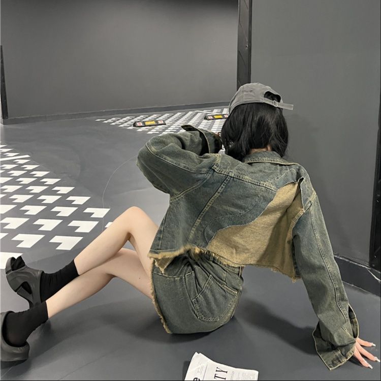 デニムセットアップ 裾フリンジ ジャケット×ミニスカート