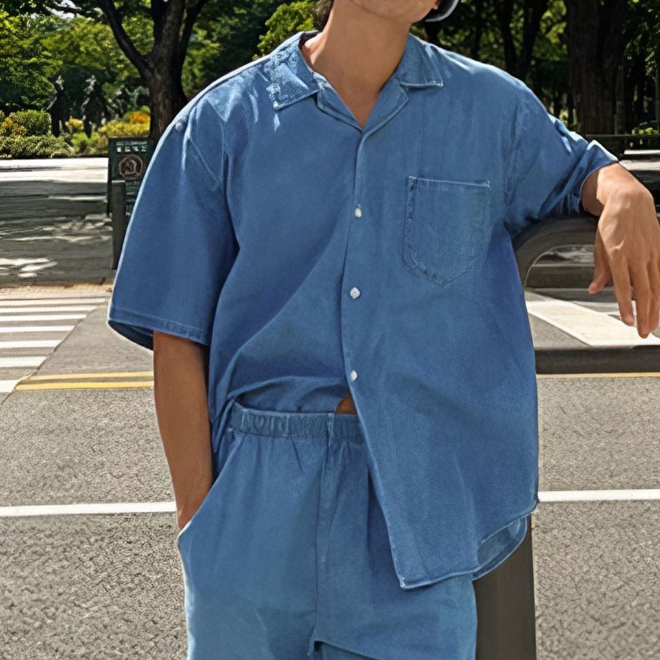 デニムセットアップ リラックスデニム半袖ショートパンツセット