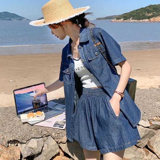 デニムセットアップ リゾート風半袖シャツセットアップ