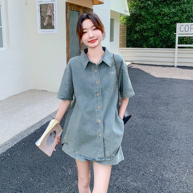 デニムセットアップ リボン刺繍ゆったりデニムセット