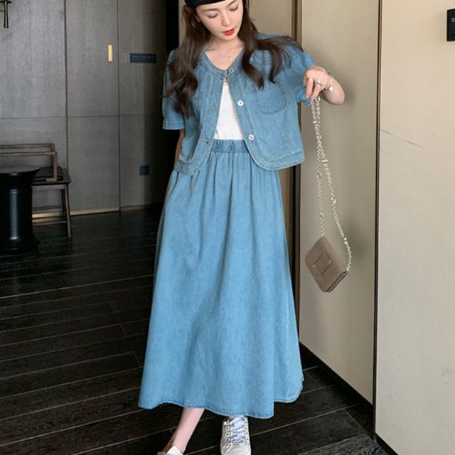 デニムセットアップ 優雅なパフスリーブセットアップ