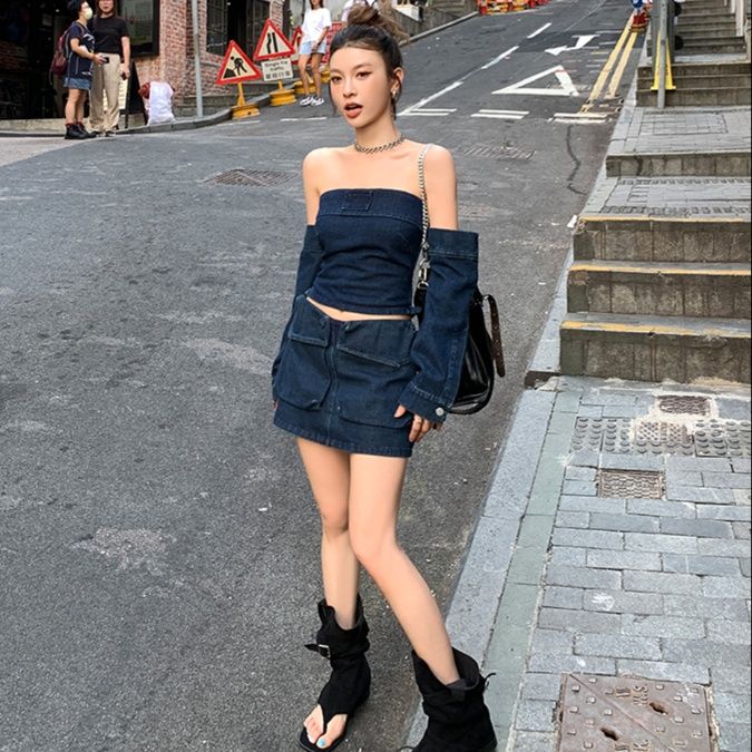 デニムセットアップ 肩だし美人のミニスカセット
