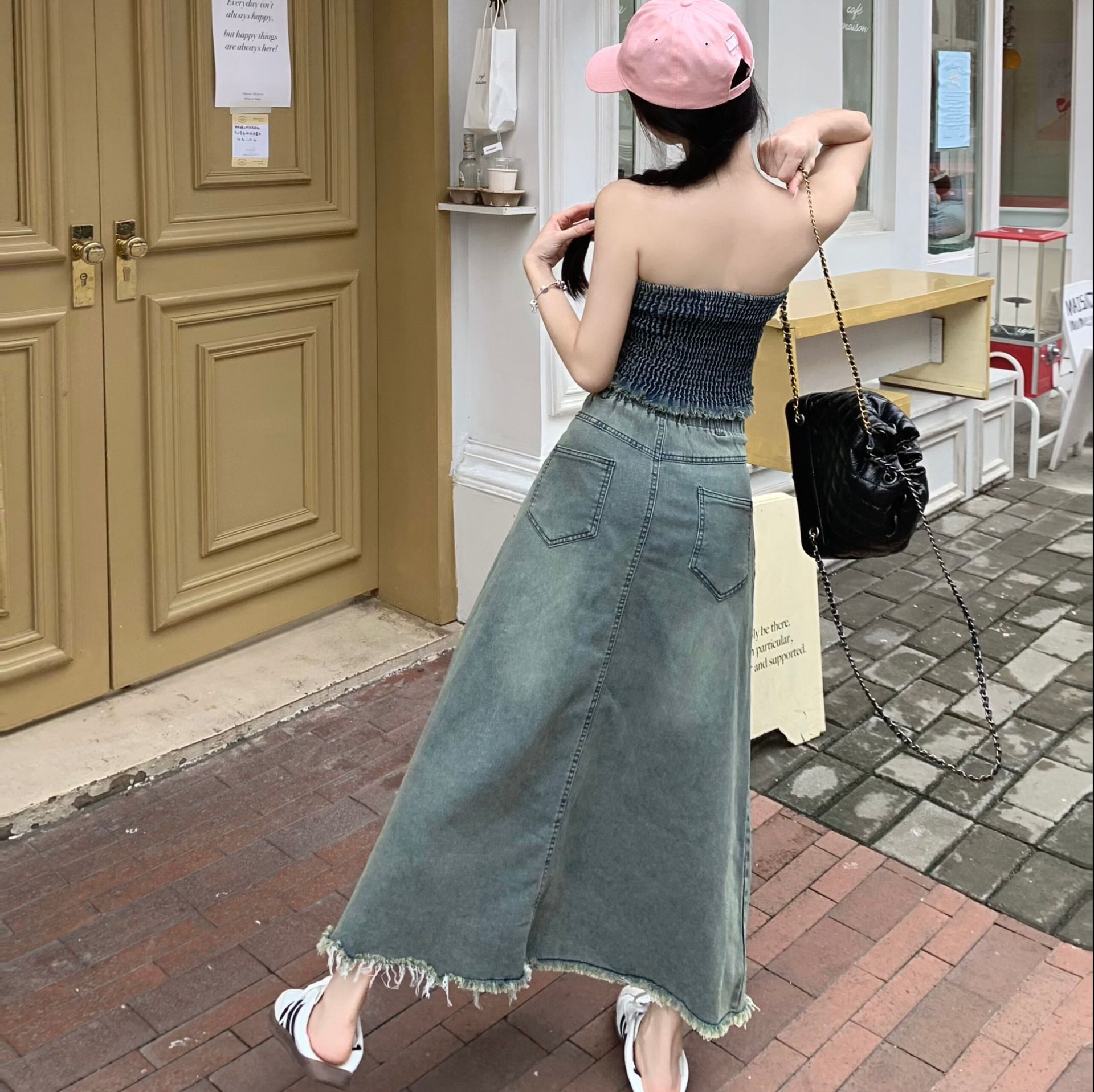 デニムセットアップ ベアトップ風マキシスカートセット