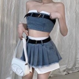 デニムセットアップ レイヤード風ベルト付きミニセット