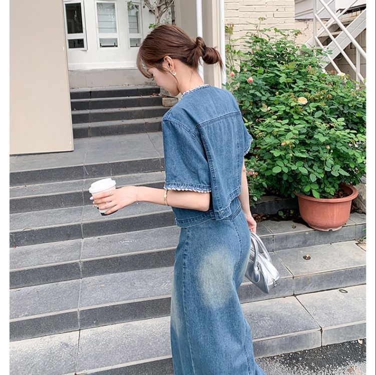 デニムセットアップ フリンジ縁取り袖付きスカートセット