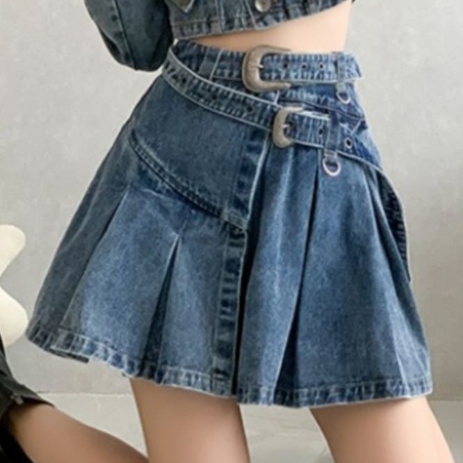 デニムセットアップ クロップド丈ジャケット×プリーツスカート