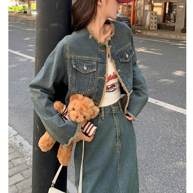 デニムセットアップ フリンジ裾ロングスカートセット