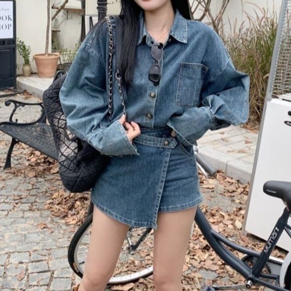 デニムセットアップ ゆったりデニムシャツ巻きスカートセット