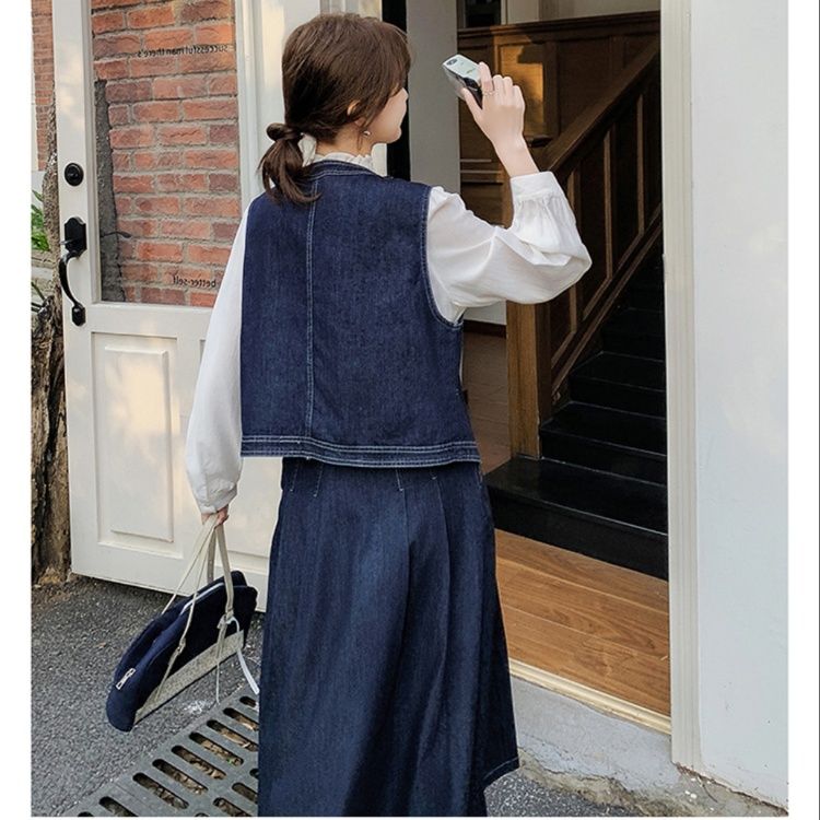 デニムセットアップ レトロ調ベスト付き膝丈スカート