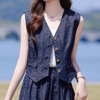 デニムセットアップ 優美なノースリーブベスト＆ロングスカート