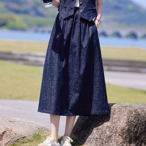 デニムセットアップ 優美なノースリーブベスト＆ロングスカート