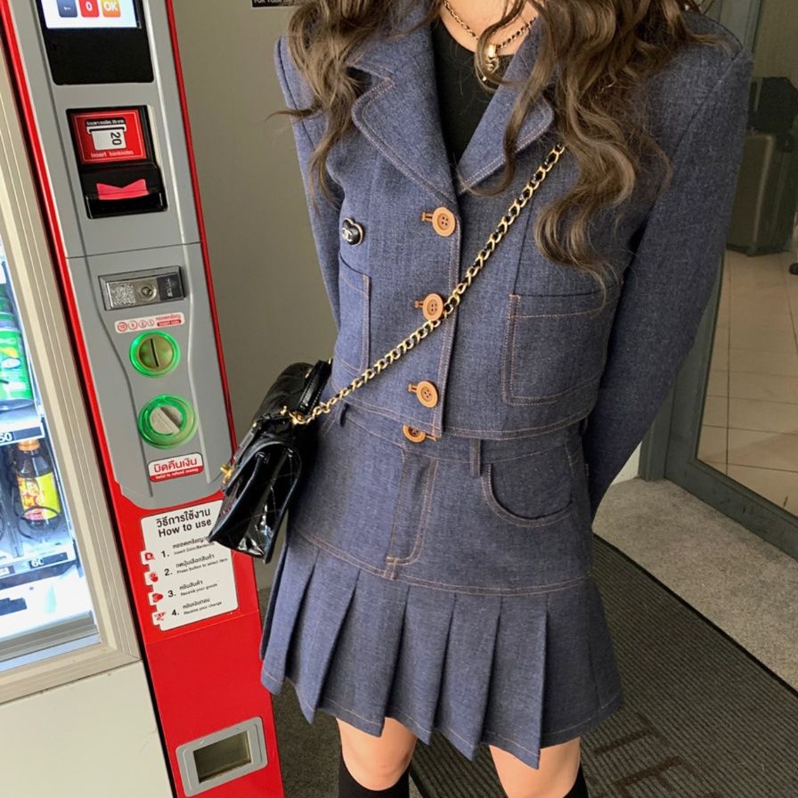 デニムセットアップ レトロ調クロップドジャケットスカート