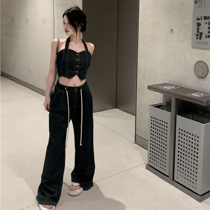 デニムセットアップ ホルターネックビスチェワイドパンツセット