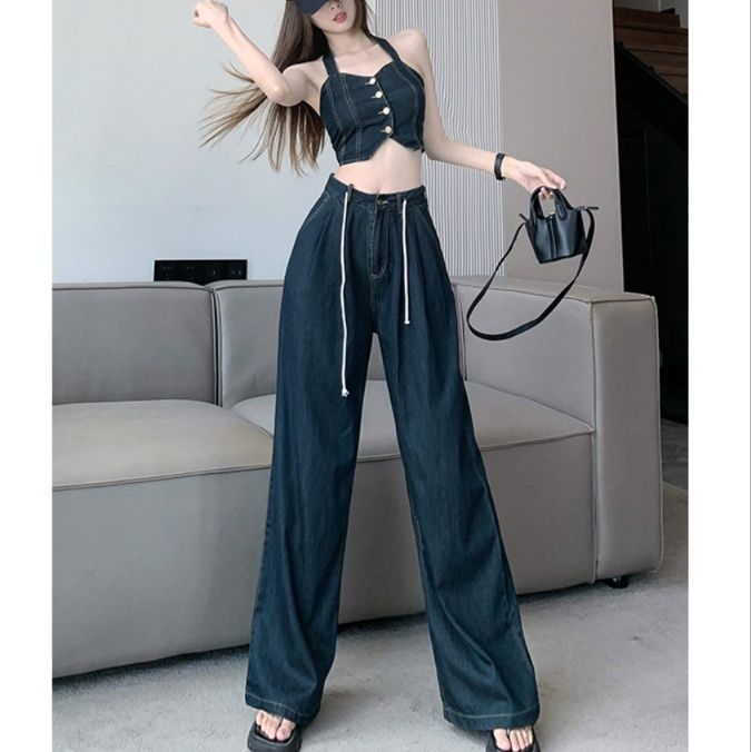 デニムセットアップ 背中見せビスチェとワイドパンツ