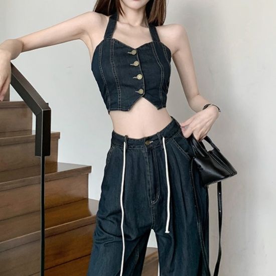 デニムセットアップ 背中見せビスチェとワイドパンツ