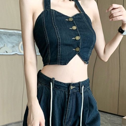 デニムセットアップ 背中見せビスチェとワイドパンツ