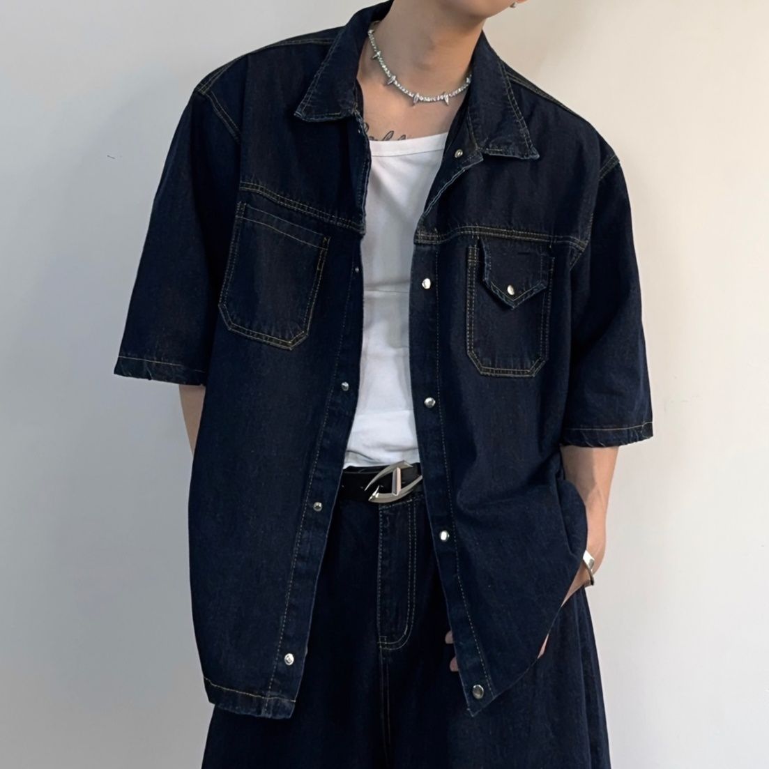 デニムセットアップ ゆったりビッグシルエット半袖セットアップ