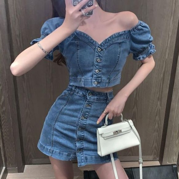 デニムセットアップ パフスリーブ前ボタンセットアップ