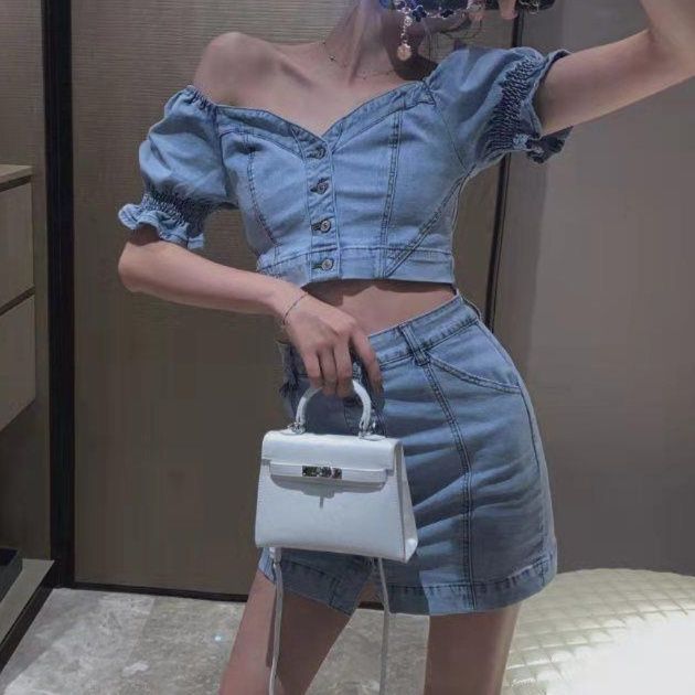 デニムセットアップ パフスリーブ前ボタンセットアップ