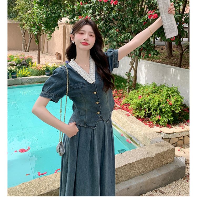 デニムセットアップ パフスリーブ優美スカートセット