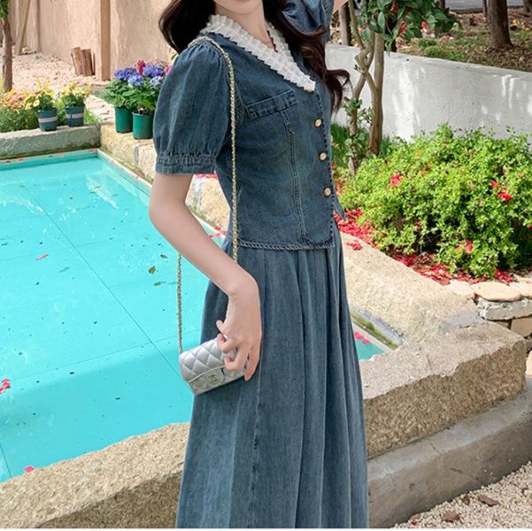 デニムセットアップ パフスリーブ優美スカートセット