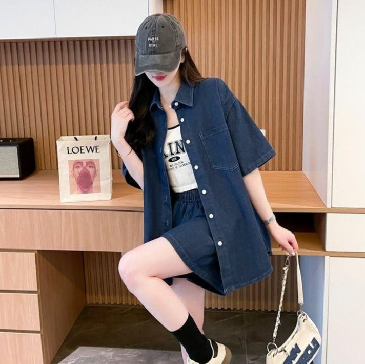 デニムセットアップ ゆったり半袖デニムシャツセット