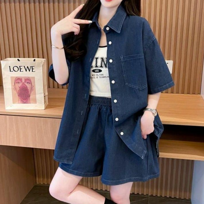 デニムセットアップ ゆったり半袖デニムシャツセット