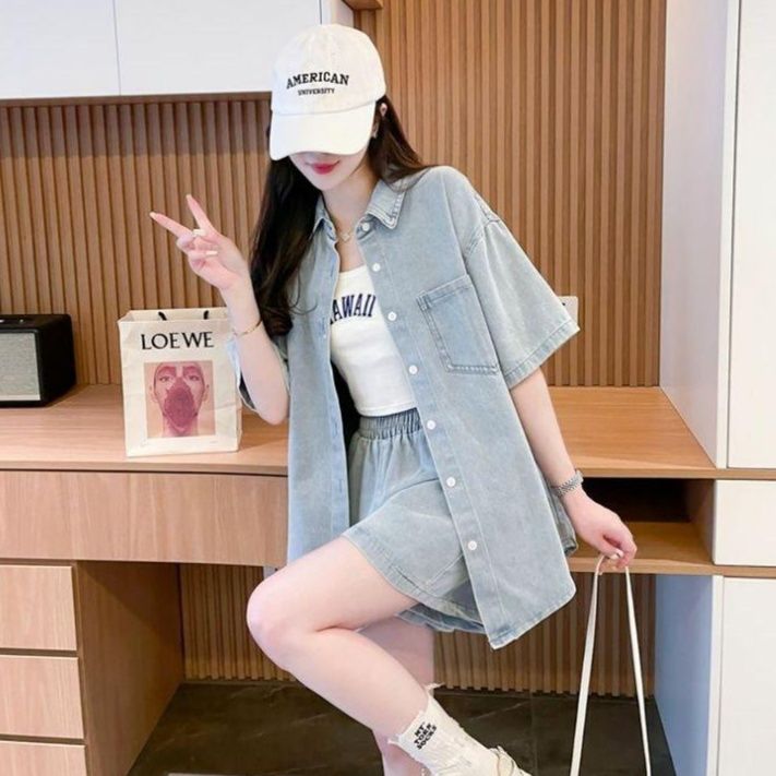 デニムセットアップ ゆったり半袖デニムシャツセット