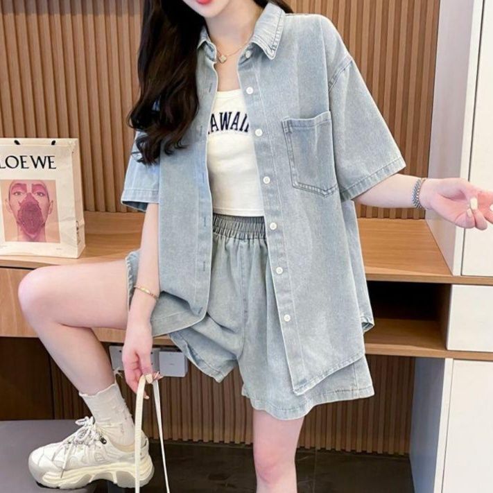 デニムセットアップ ゆったり半袖デニムシャツセット