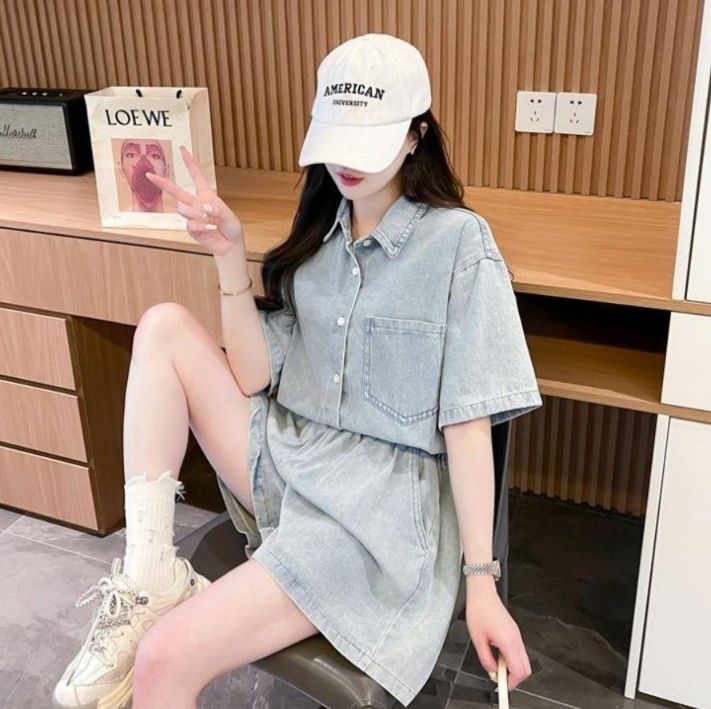 デニムセットアップ ゆったり半袖デニムシャツセット