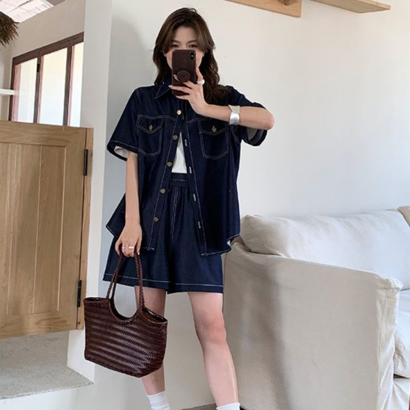 デニムセットアップ ゆったりステッチシャツセットアップ