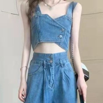 デニムセットアップ 胸元甘めハートビスチェデニムセット
