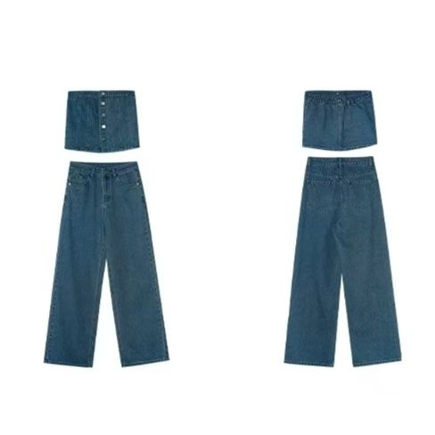 デニムセットアップ デニムビスチェワイドパンツセット