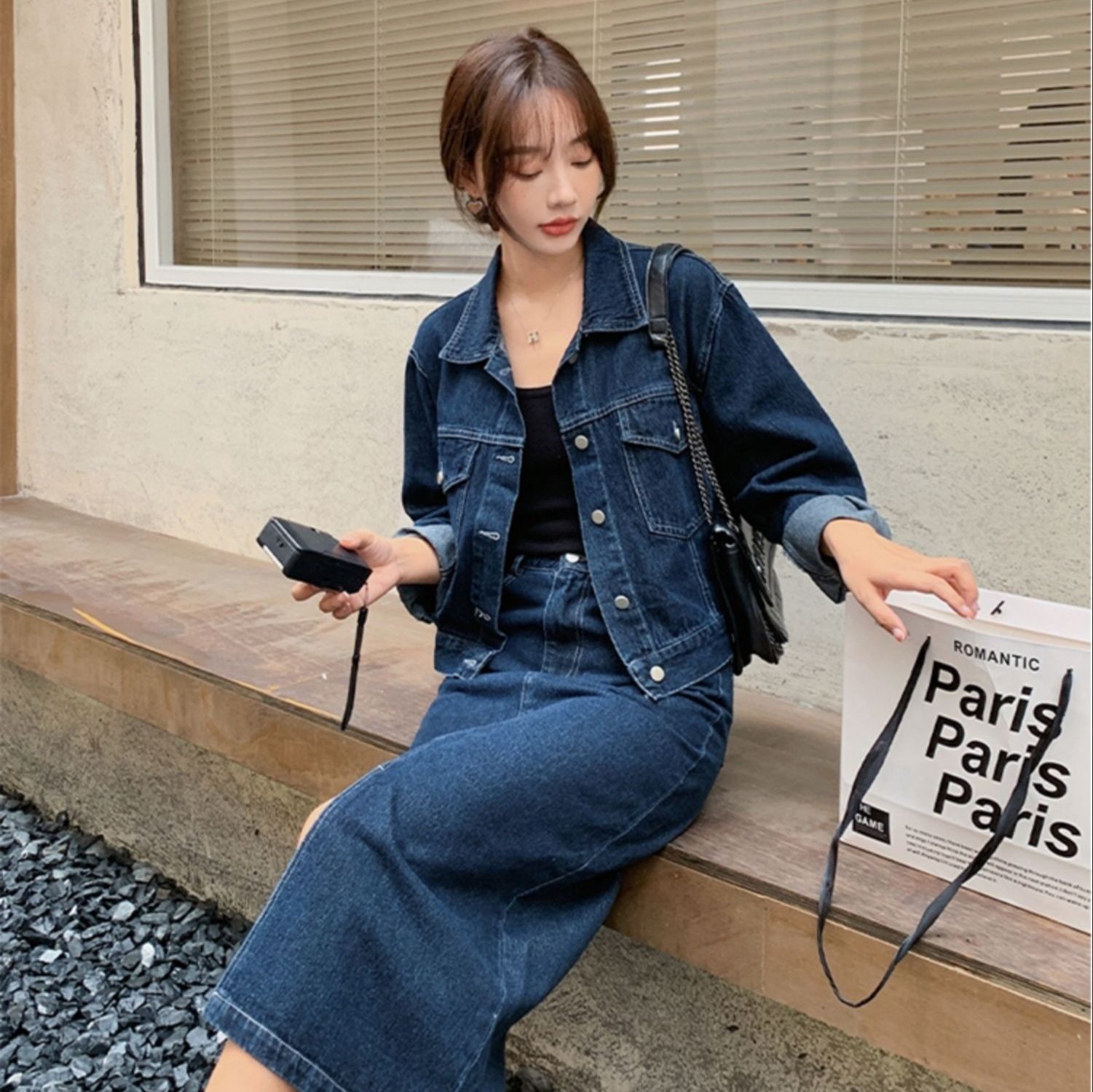 デニムセットアップ こなれ感ジャケット×ロングスカート
