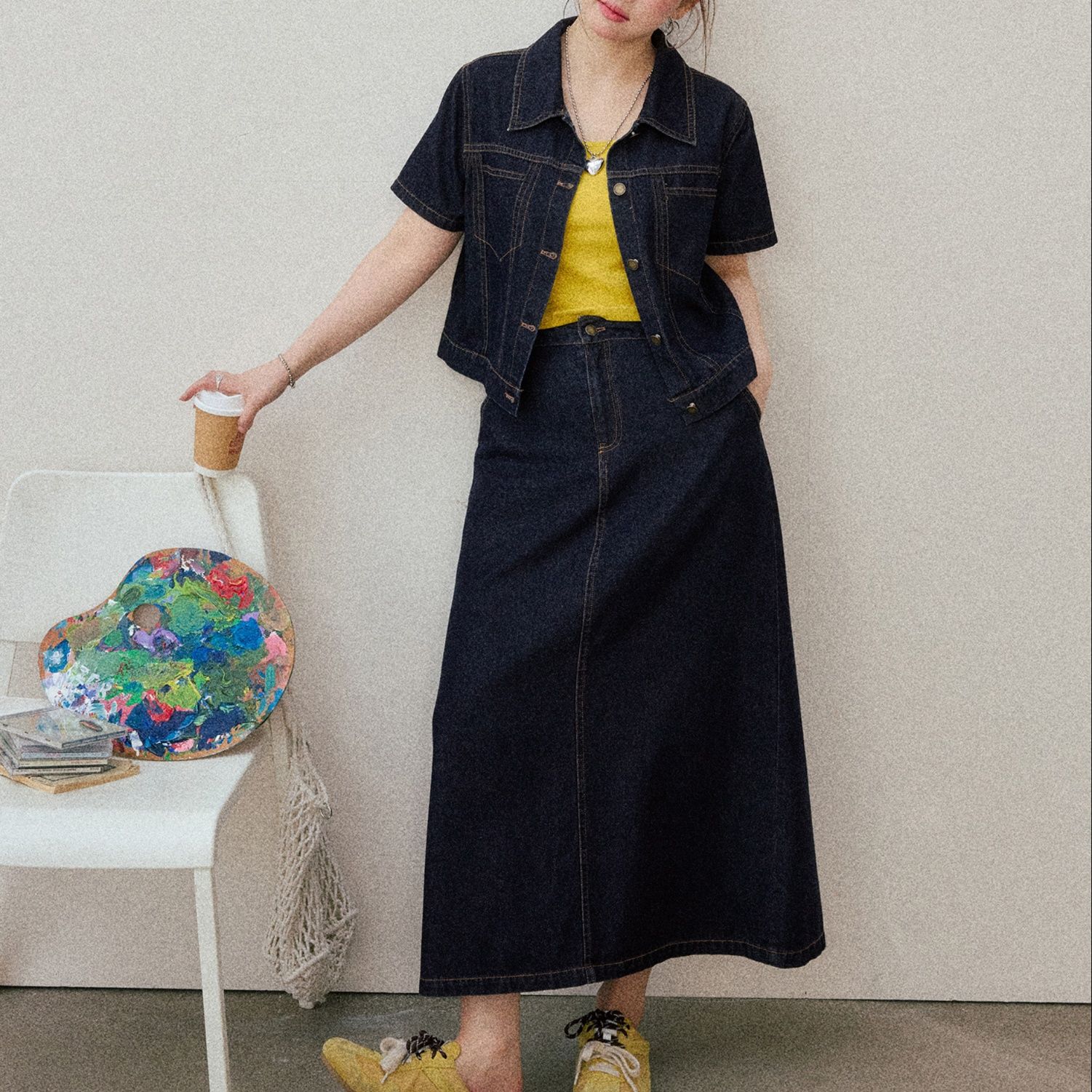 デニムセットアップ 半袖ジャケット×ロングスカート