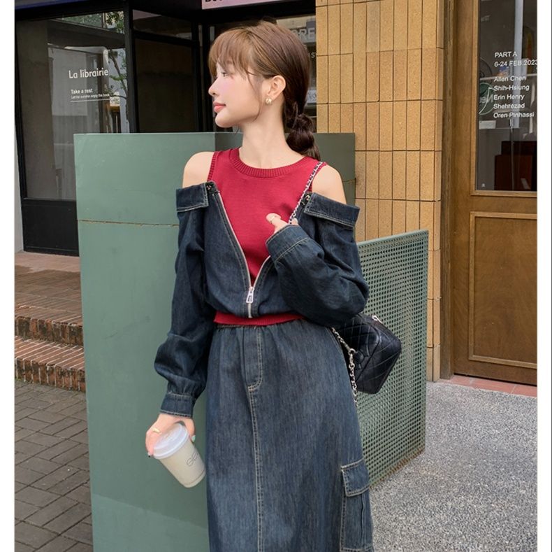 デニムセットアップ 肩開きジャケット×ロングスカート