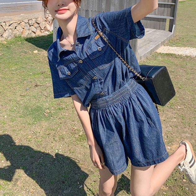 デニムセットアップ リゾート風ゆったりデニムセット