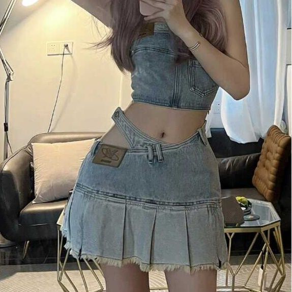 デニムセットアップ フリルミニ ツーピース