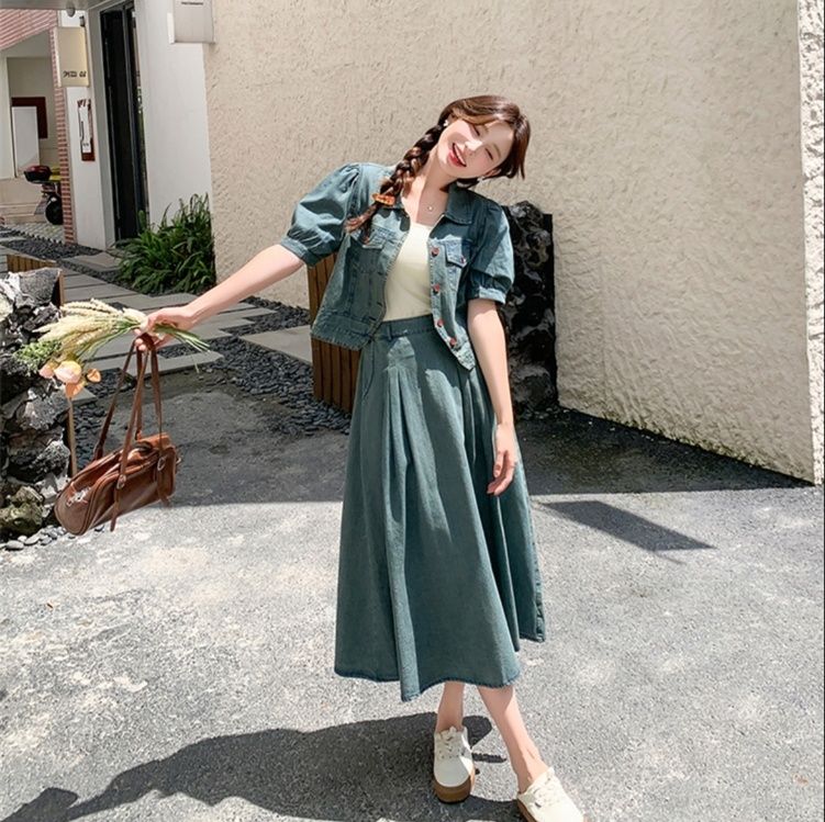 デニムセットアップ レトロパフスリーブスカートセット