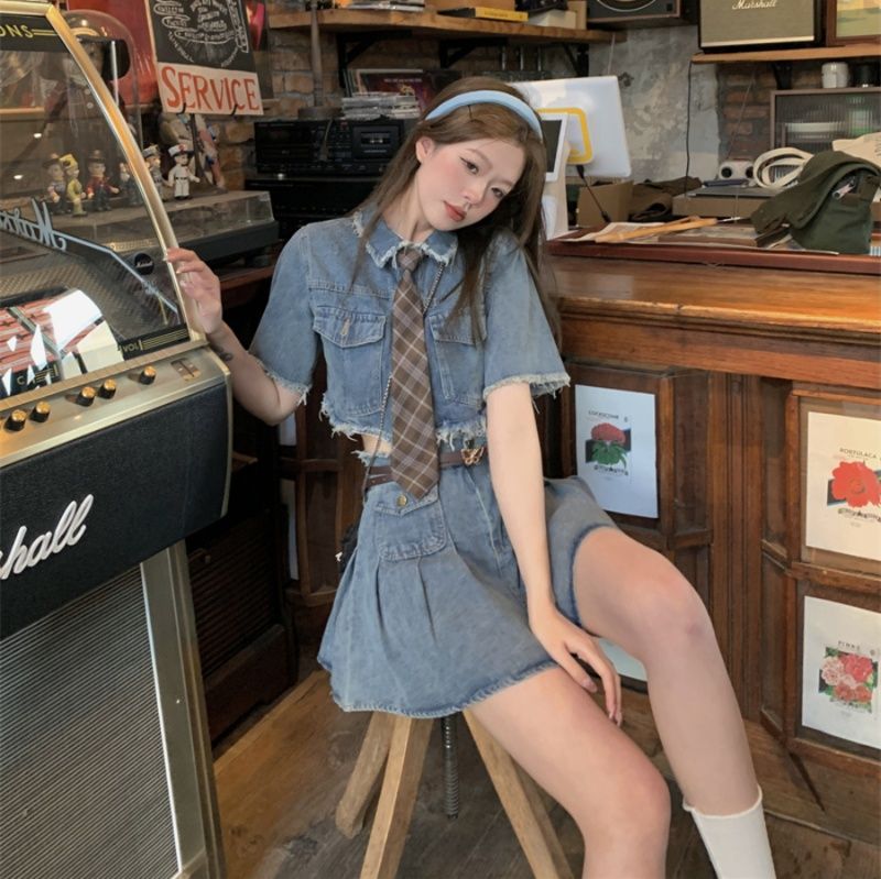 デニムセットアップ レトロネクタイ ショートセット
