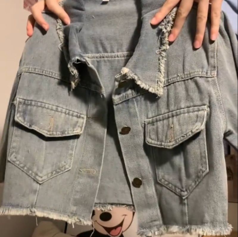 デニムセットアップ 裾フリンジ ショート丈セットアップ