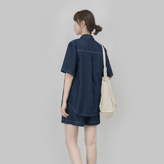 デニムセットアップ 半袖シャツとショートパンツの上下セット