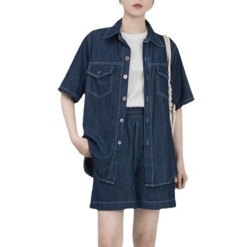 デニムセットアップ 半袖シャツとショートパンツの上下セット