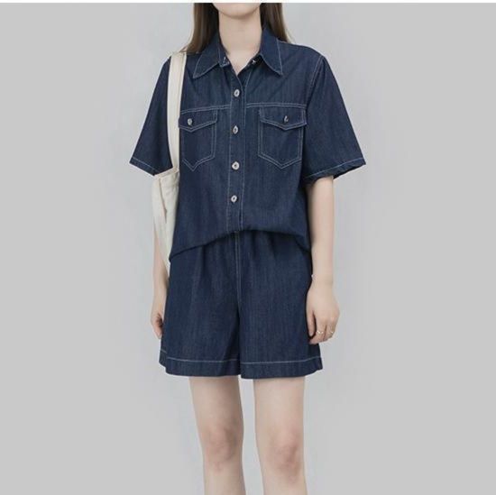 デニムセットアップ 半袖シャツとショートパンツの上下セット
