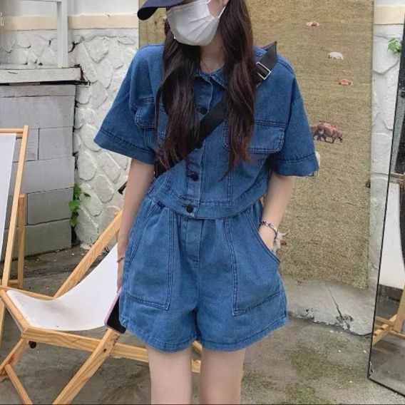 デニムセットアップ ゆったり短袖ポケット付きデニム上下セット