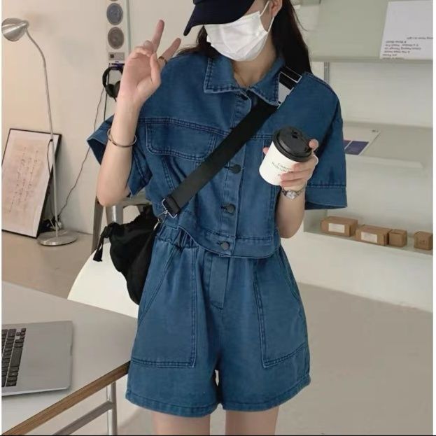 デニムセットアップ ゆったり短袖ポケット付きデニム上下セット